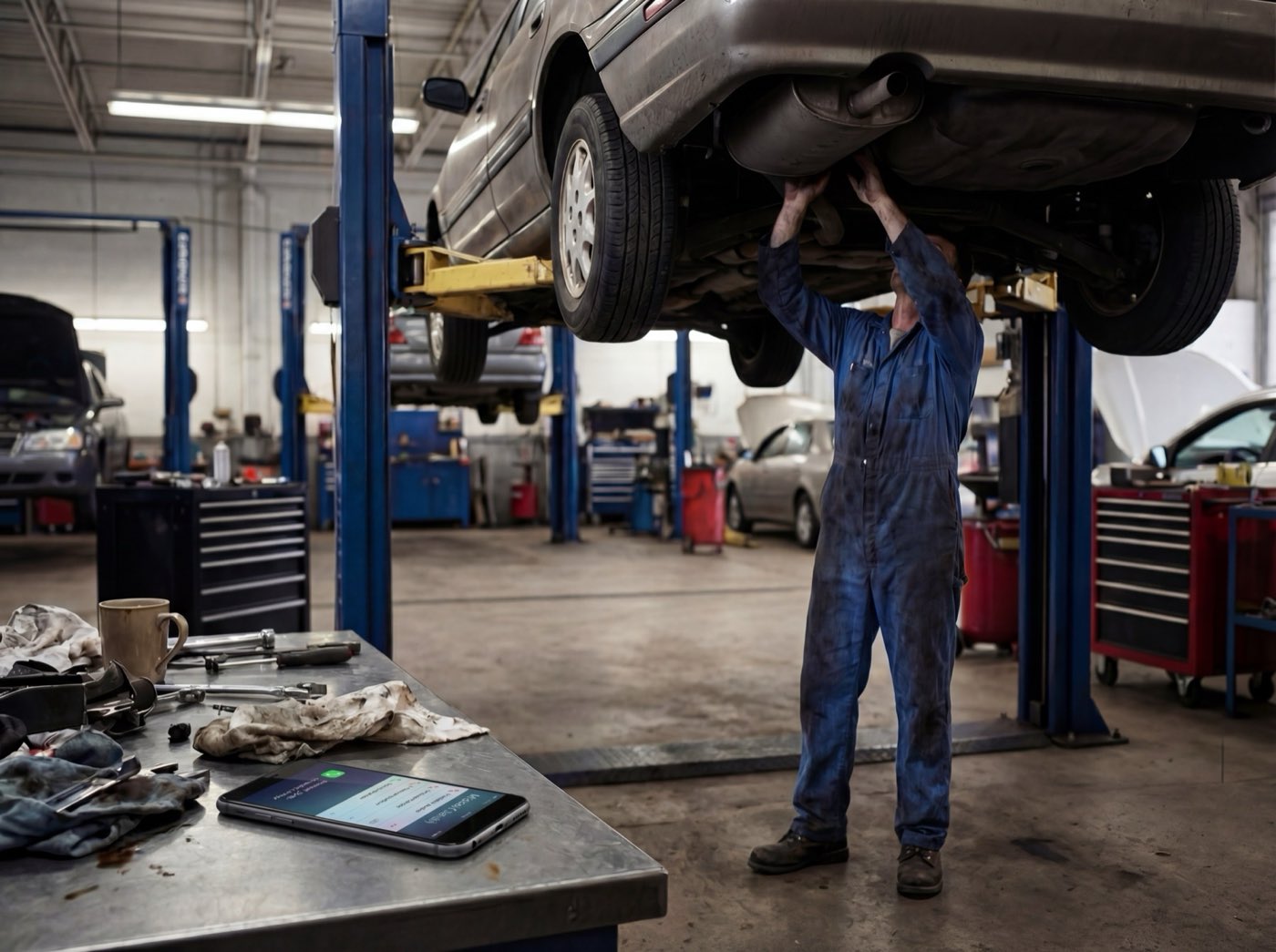 Mechanic working in a car workshop with the phone nearby