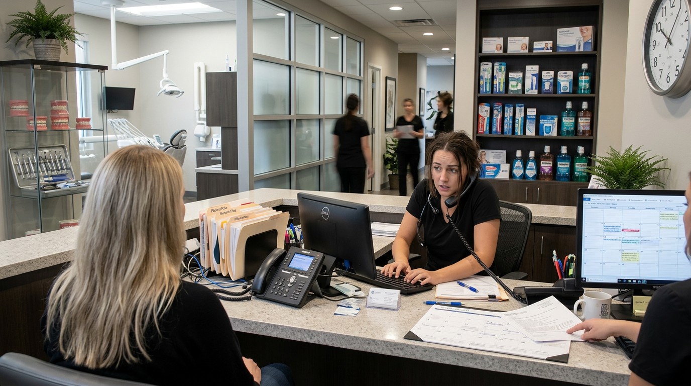 On the phone, managing files, and facing a patient at the counter. A typical moment at a busy dental reception desk.