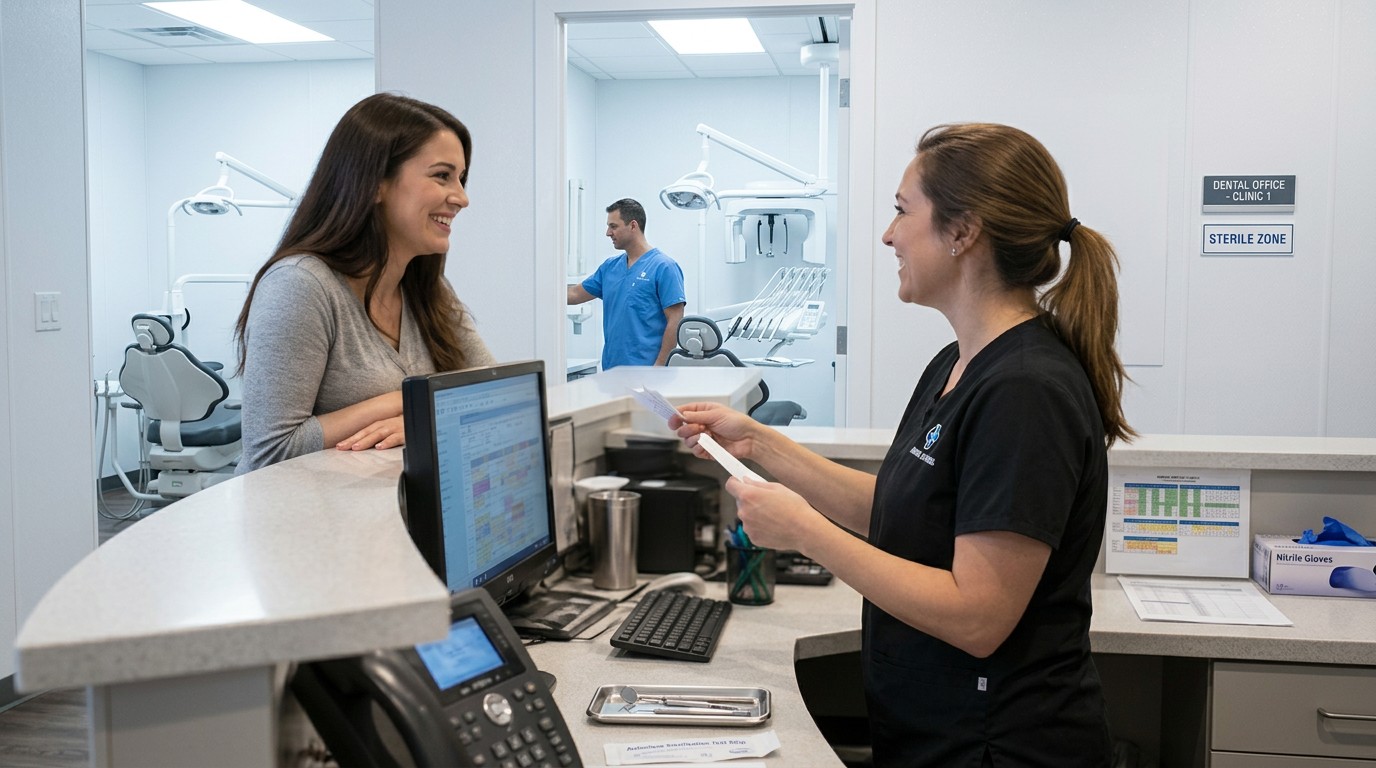 A dental receptionist focused on the patient in front of her at the front desk, with a dentist visible in the background treatment room.