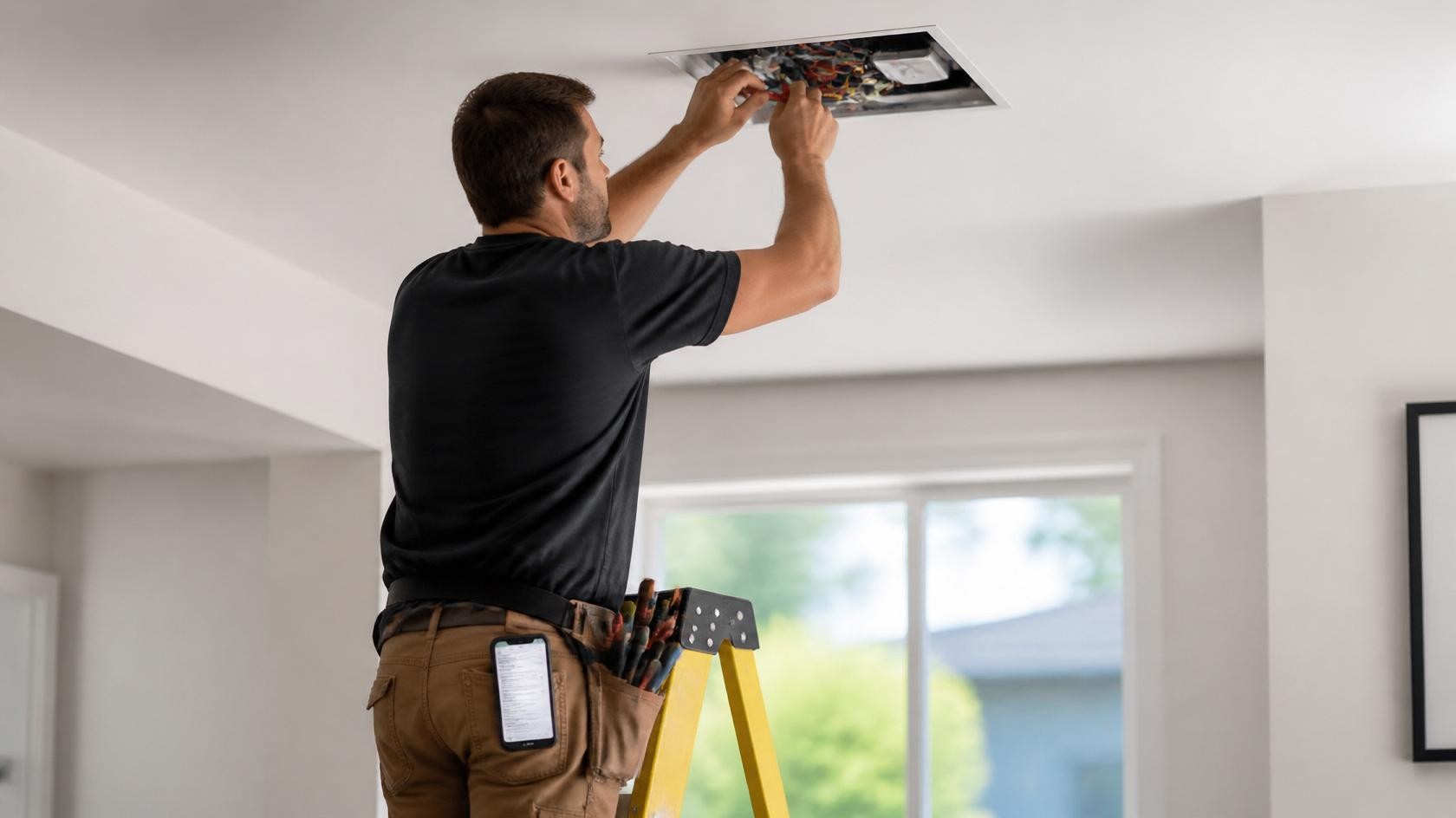 A technician standing on a ladder, working on an electrical panel in a ceiling.