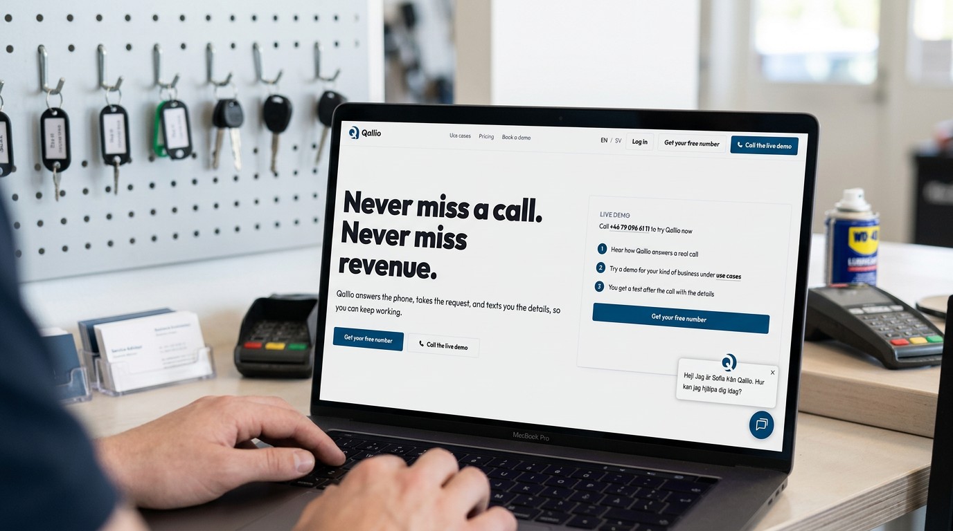 A laptop showing the Qallio dashboard with the headline Never miss a call. Never miss revenue.