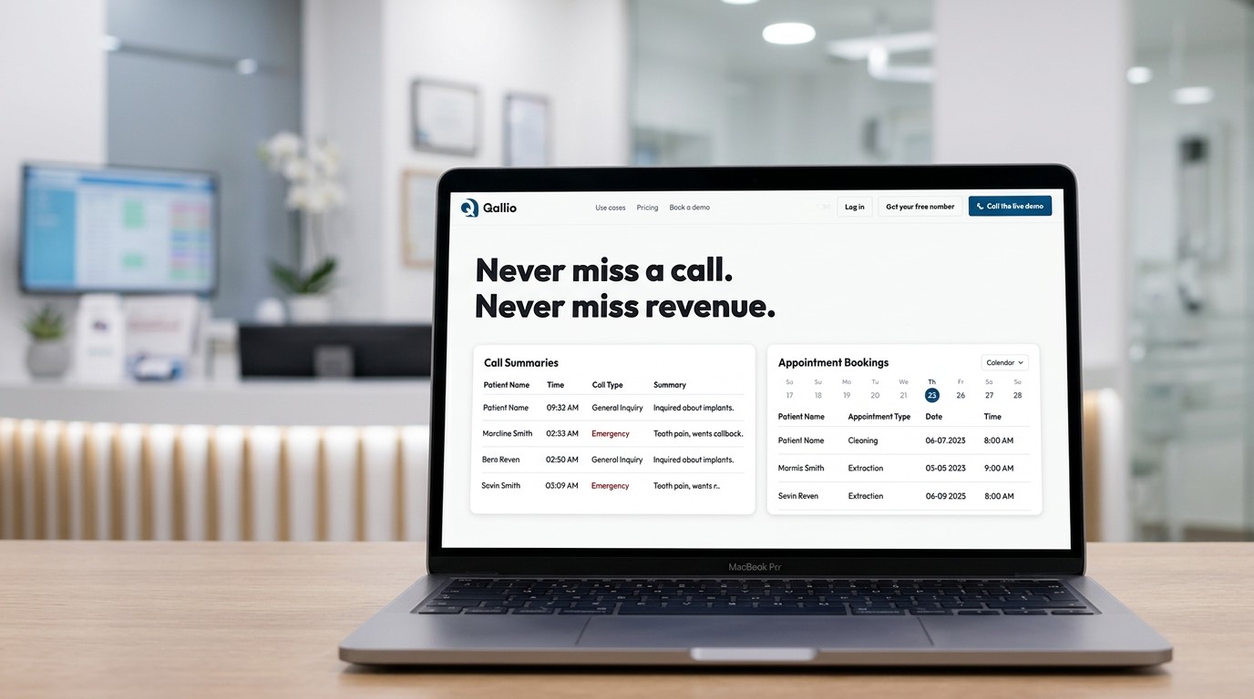 The Qallio dashboard shown on a laptop, displaying incoming call summaries and confirmed appointments from a single clinic session.