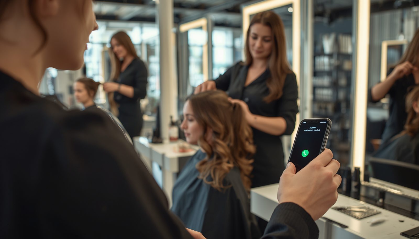 A stylist holding a phone while working on a client's hair in a salon.