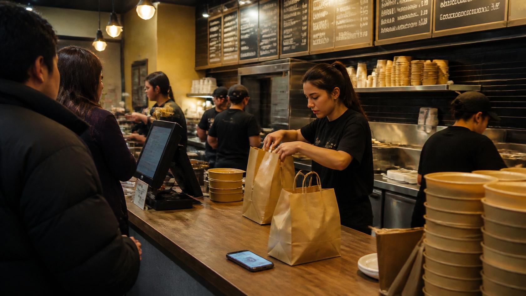 A busy takeaway counter during service with orders being packaged and a phone sitting on the counter.