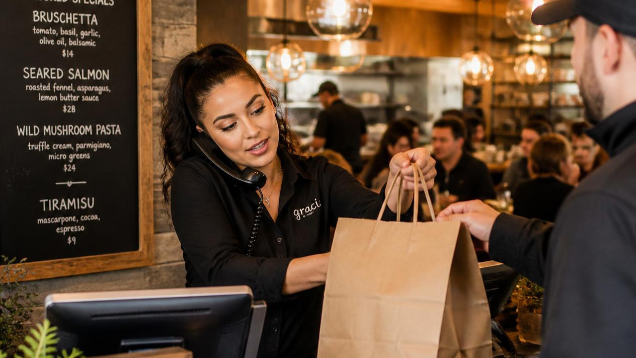 Restaurant staff answering a call and handing over a takeaway order at the same time during peak service.
