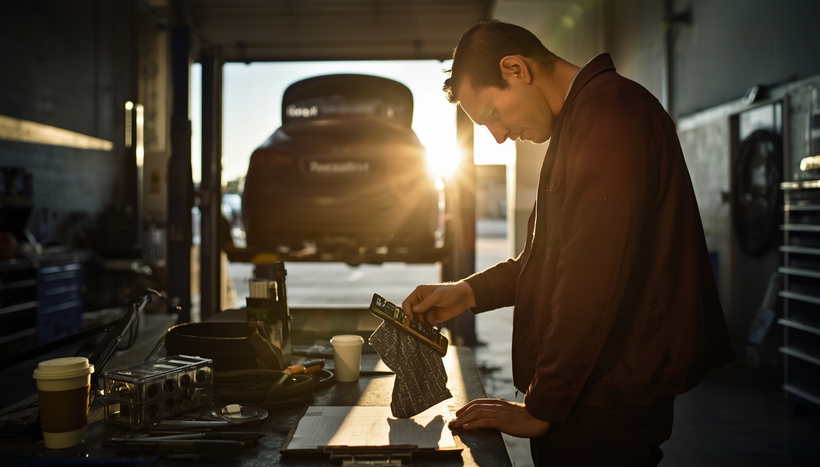 A mechanic in a workshop looking at his phone on a workbench with a car on a lift in the background.