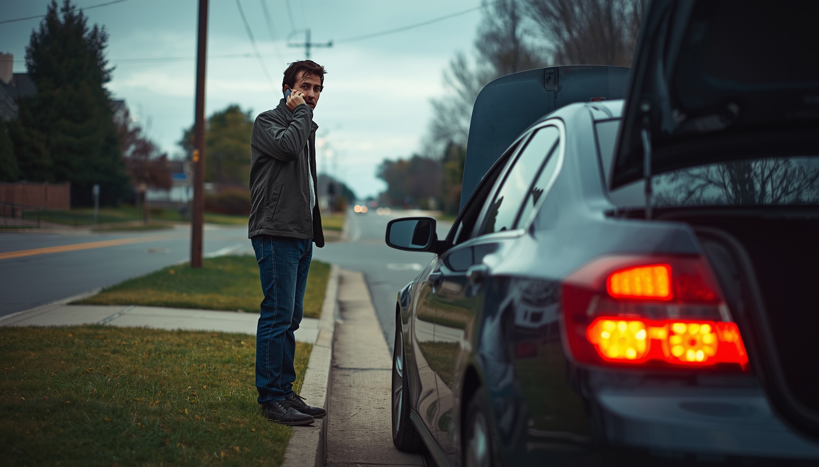 A man standing on the side of the road, talking on his phone next to a car with its trunk open and hazard lights on.